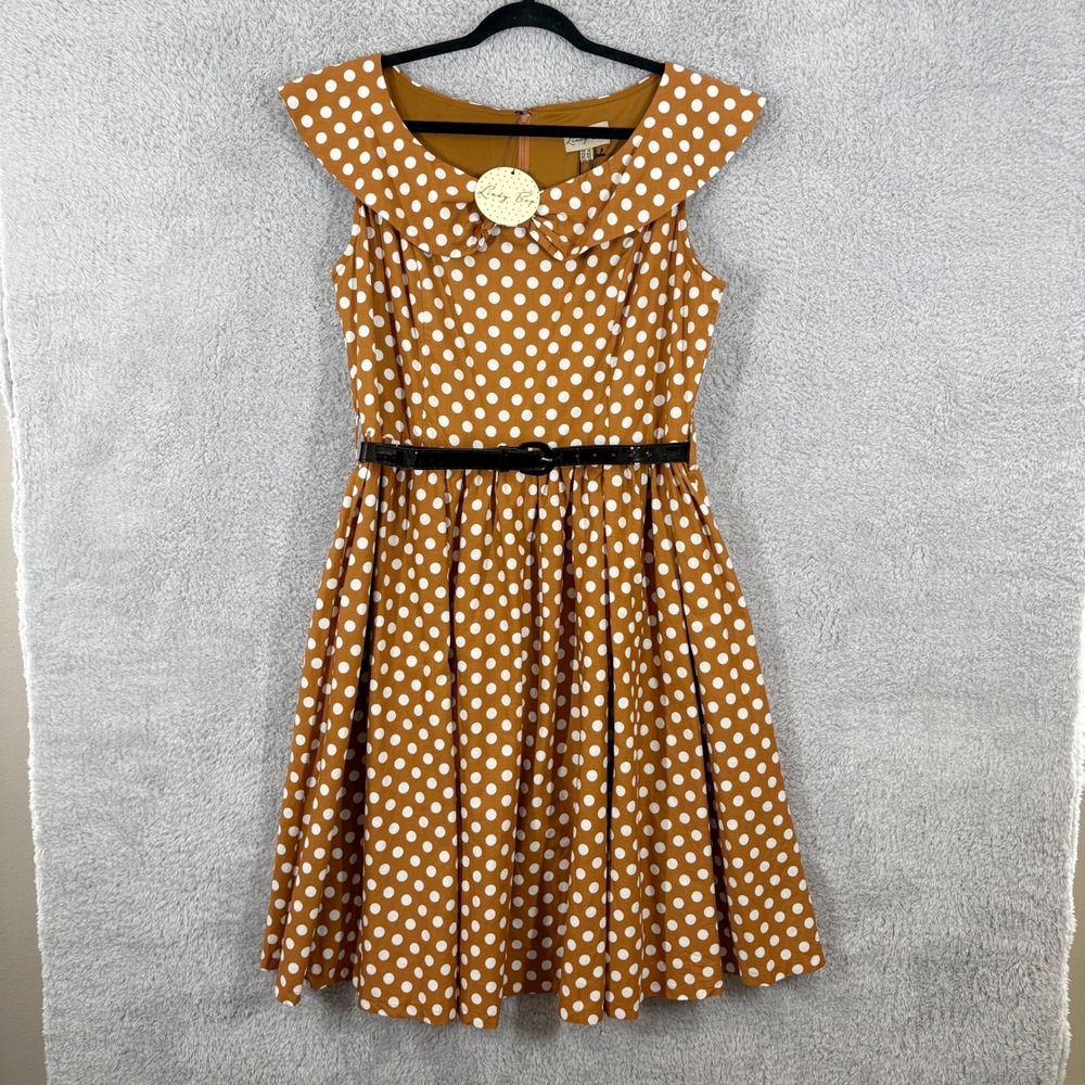 NEW Lindy Bop Hetty Bow Shawl Collar 1950s Swing Dress Size 12 Mustard Polka Dot